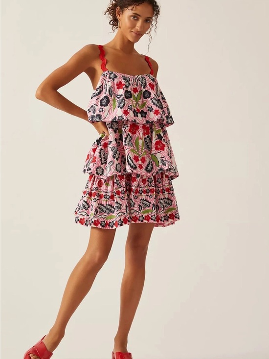 Maeve Dresses & Skirts - Maeve Pink Floral Tiered Mini Dress with Red Straps